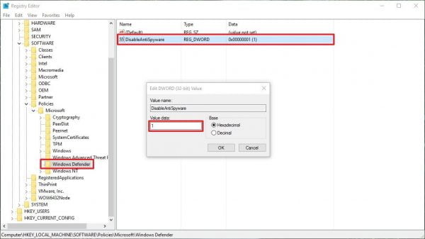  Disable Windows Defender Antivirus using Registry Editor 