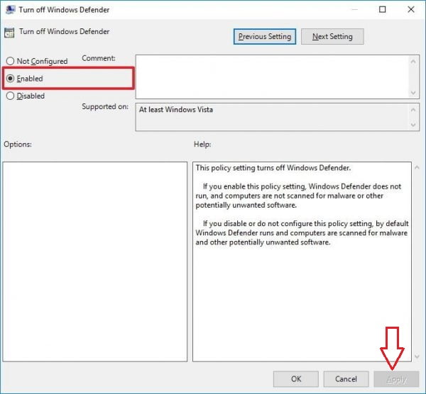  Select On to disable Windows Defender 